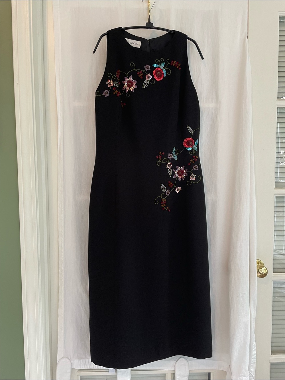 Maggy London Black Midi Sheath Dress with Multicolor Floral Beadwork